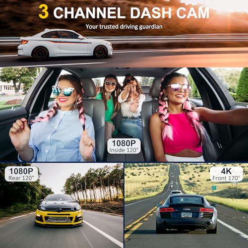 4K Dash Cam Front and Rear Inside,3.16" IPS,3 Channel Dash Cam for Car with 5G WiFi,Free 64GB Card,170° Wide Angle,Loop Recording,G-Sensor,WDR,Night Vision,Time-Lapse,24H Parking Monitor
