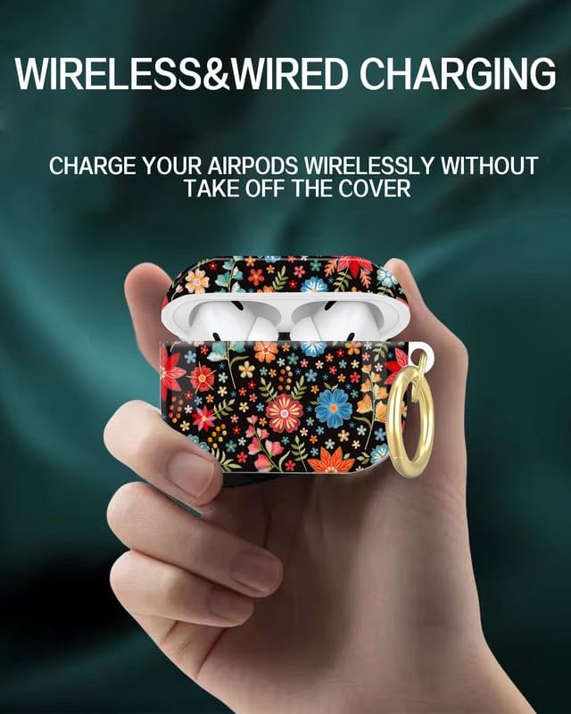 Compatible with AirPod Pro 2nd/1st Generation Case Cover with Key Chain,Full Protective Shockproof Wireless Headphone Case for Airpod Pro 2023/2022/2019(Embroidered Leaves and Flowers)