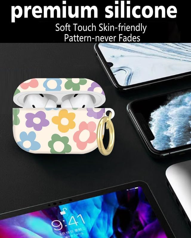 Compatible with AirPod Pro 2nd/1st Generation Case Cover with Key Chain,Full Protective Shockproof Wireless Headphone Case for Airpod Pro 2023/2022/2019(Colorful Cute Flower)