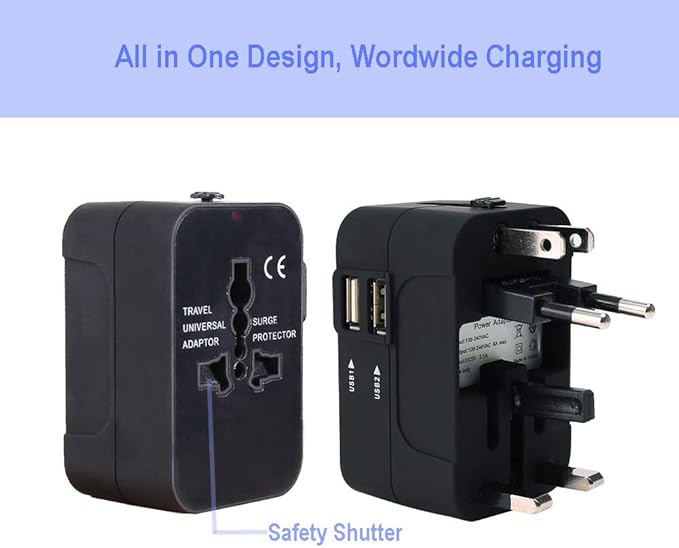 Travel Adapter, Worldwide All in One International Power Adapter Universal Adapter Plug with 2.1A Dual USB Charging Ports for Asia Europe UK AUS and USA (Black)