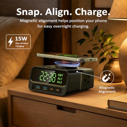 XBA Digital Alarm Clock with 15W Magsafe Wireless Charging for Bedroom