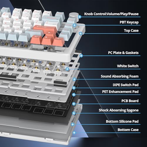 75% White Blue Creamy Mechanical Keyboard Wired, Creamy Sound Gasket Gaming Thocky Keyboard with Knob, Hot Swappable RGB Custom Keyboard, Pre-lubed Cream Switch Keyboard (82 Light Blue)