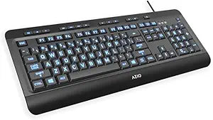 Azio Large Print Keyboard - USB Computer Keyboard with 3 Interchangeable Backlight Colors (KB505U-LN)