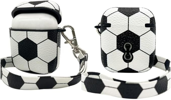 for AirPods Case, AirPods PU Leather Hard Case, Portable Protective Shockproof Earphone Accessories Cover w/Carabiner/Keychain Compatible for Apple AirPods 1/ Airpods 2 Charging Case,Soccer