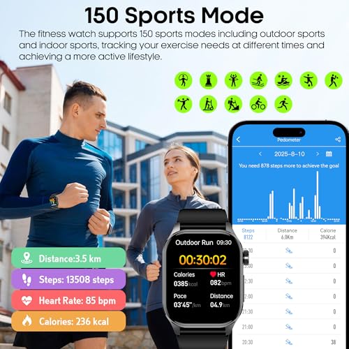 Smart Watch for Men Women with Bluetooth Calls, Blood Pressure Heart Rate Blood Oxygen Stress HRV Monitor Sleep Tracker, 150+ Sports Modes Fitness Tracker, IP68 Waterproof, Pedometer For Android/iOS