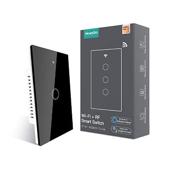 MoesGo WiFi Smart Wall Light Switch,Glass Panel, Multi-Control(3 Way), 2.4GHz Wi-Fi Touch Switches, Neutral Wire Required, Remote Control Smart Life/Tuya App, Work with Alexa, Google Home Black 1 Gang