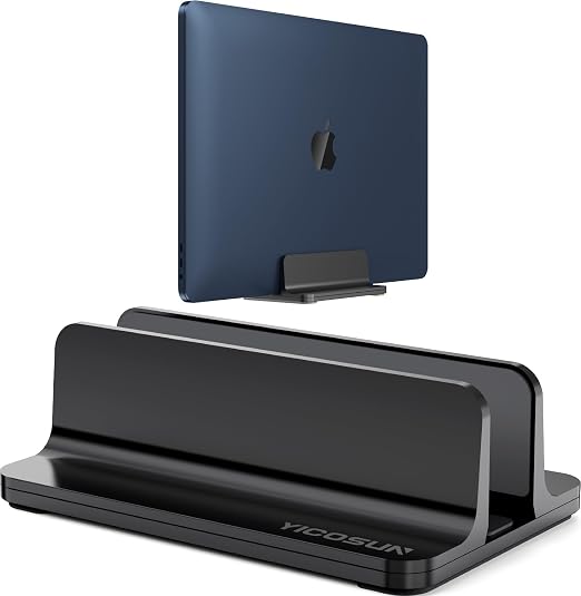 YICOSUN Aluminum Vertical Laptop Stand for Desk - Adjustable Width Dock for MacBook, Surface, Samsung, HP, Dell up to 17.3 inches - Space-Saving & Protective Design - Black