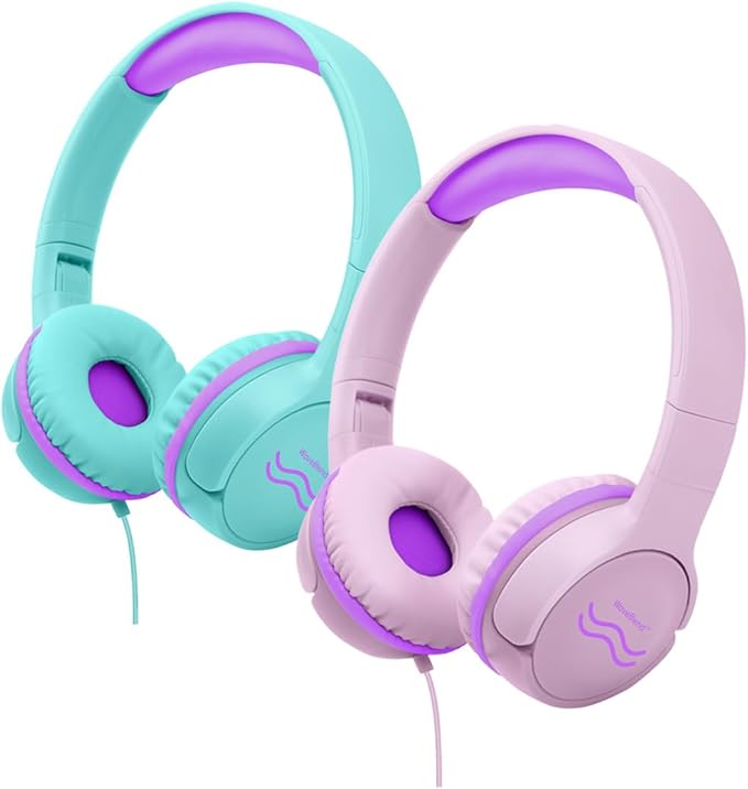 2 Pack Wired Kids Headphones, Foldable, Volume Control Safe Listening(85/94dB), 3.5mm Jack on-Ear Headset for Chilren/Teens/Easter Day/School/Travel/Plane/Tablet/Laptop,GreenPinkPurple