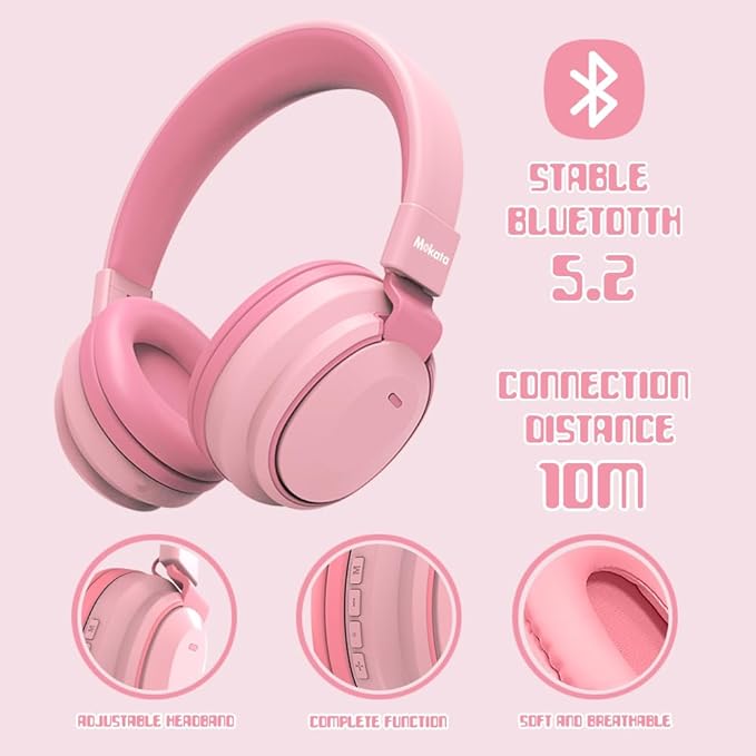 Kids Headphones Bluetooth 5.3 Wireless Lightweight Fast Charging 68 Hours Play Time Volume Limited 85/94dB Over Ear Foldable with Built-in Mic for Toddler Boy Girl Tablet Pad Pink