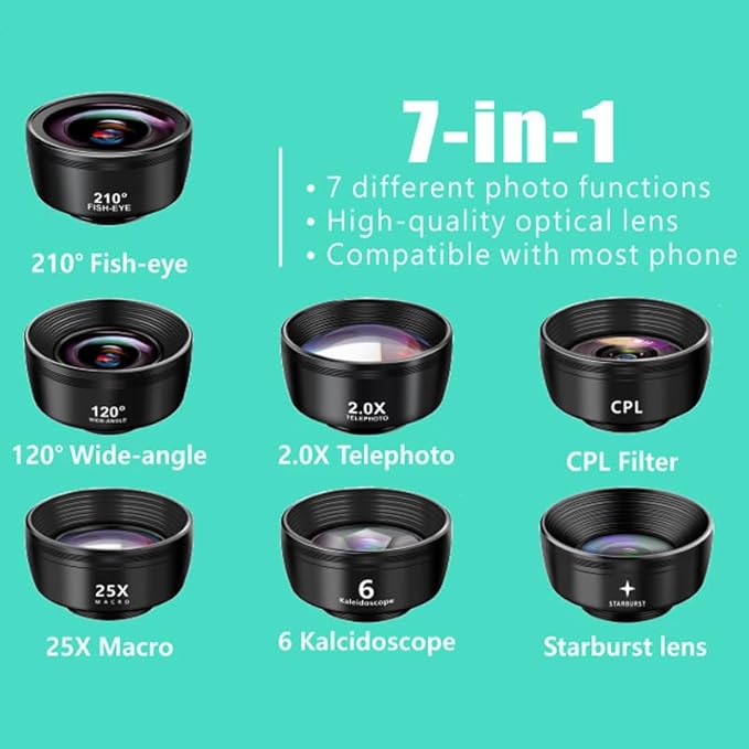 7-in-1 Phone Camera Lens Kit ??210° Fisheye Lens, 120° Wide Angle Lens, 20X Macro Lens for iPhone, Samsung & Android Smartphones ??HD Optical Glass, Universal Clip, Portable Case (Black) (7 in 1)