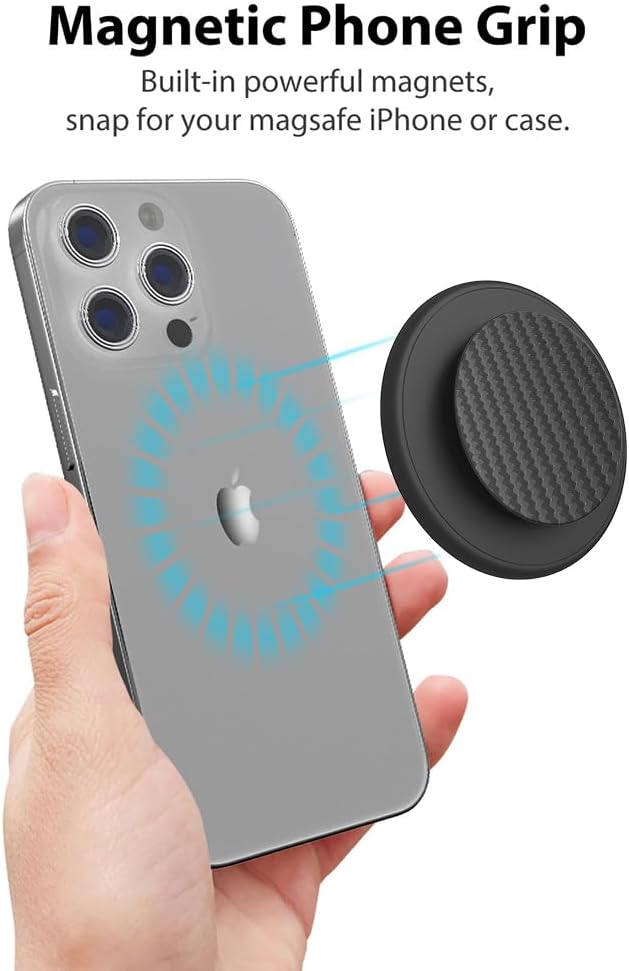 Magnetic Phone Grip for MagSafe, Magnetic Phone Ring Holder Finger Kickstand Wireless Charging Compatible, Adjustable Cell Phone Rings Gripper Stand for MagSafe iPhone - Black Carbonite Weave