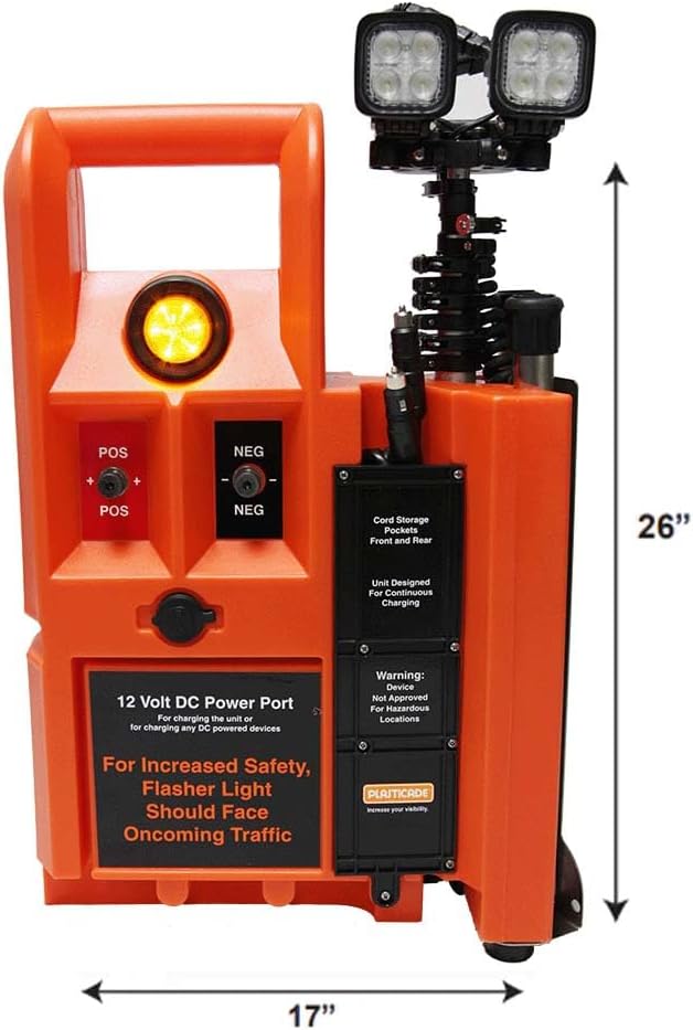 Plasticade Flagger Lighting Station & Work Area Light, 4,000 Lumens, Portable, Waterproof Case, Adjustable Heads, 8-Foot Light Elevation, Temporary Construction in Any Weather