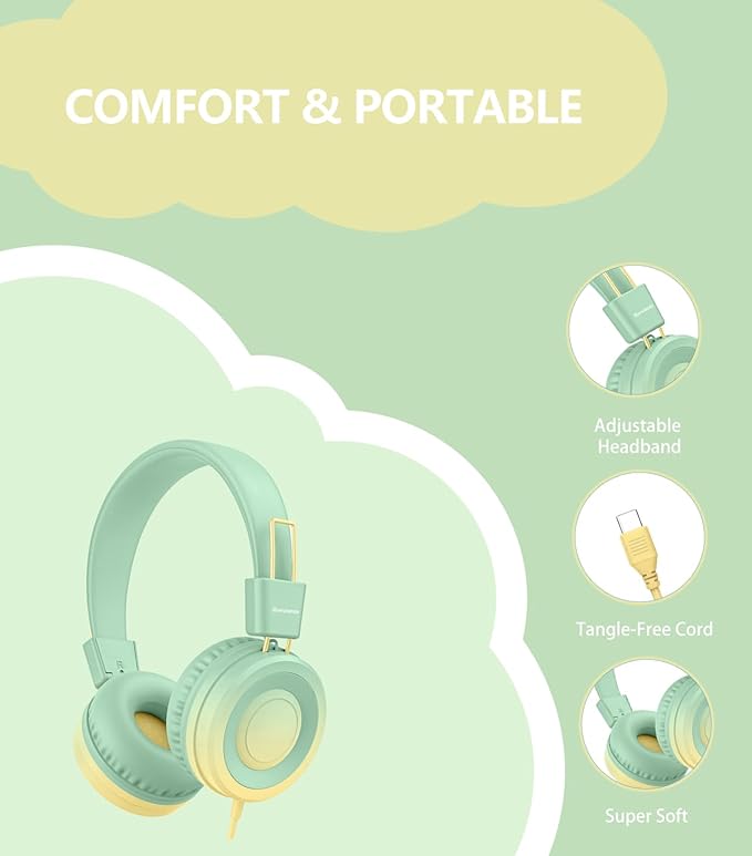 USB Type C Kids Headphone for School, 94dB Safe Volume Limited, Foldable Stereo Sound Tangle-Free Type C Cord, On-Ear Headphones for Boys/Girls/Students/Tablet/Travel(Gradient Green)