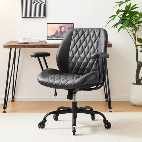 YFO Home Office Desk Chair Office Rubber Casters Ergonomic Computer Chair with Lumbar Support Adjustable Height Rolling Swivel Executive Task Armrests Chair， Black PU - Image 2