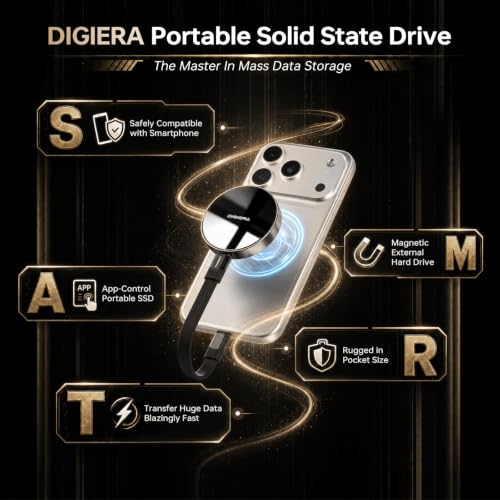 DIGIERA 4TB Magnetic Portable SSD, External Solid State Drives with USB-C 3.2 Gen 2x2, Speed Up to 2000MB/s, Compact & Durable, Compatible with iPhone 15/16/17 Series and Other USB-C Devices, Black
