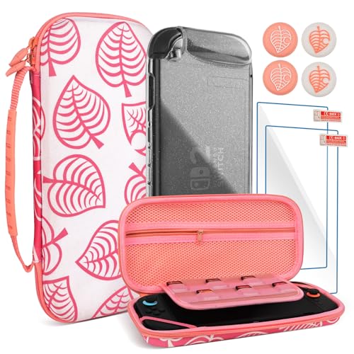 TIKOdirect Carrying Case for Switch 2, Shockproof Portable Travel Bag with Glitter Galaxy case, Screen Protectors and Cute Leaf Thumb Grips Caps, Pink Kit