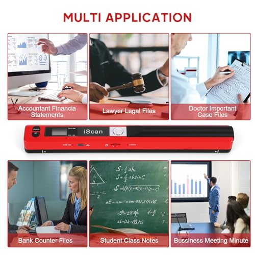 Portable Document Scanner - 900DPI Handheld Portable Scanner Image Scanner Scanning Wand A4 Colour Photo Mobile Scanners Handy Scan, JPG/PDF Format, with 16G SD Card (Red)