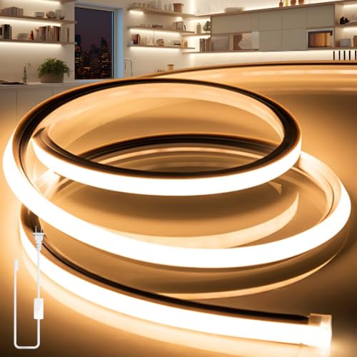 LED Strip Lights Warm White 3000K,32.8ft 110-120V Neon Rope Lights,Flexible Silicone Outdoor Waterproof Neon Strip Lights for Bedroom,Mirror,Kitchen Cabinet, Living Room,Halloween Decor