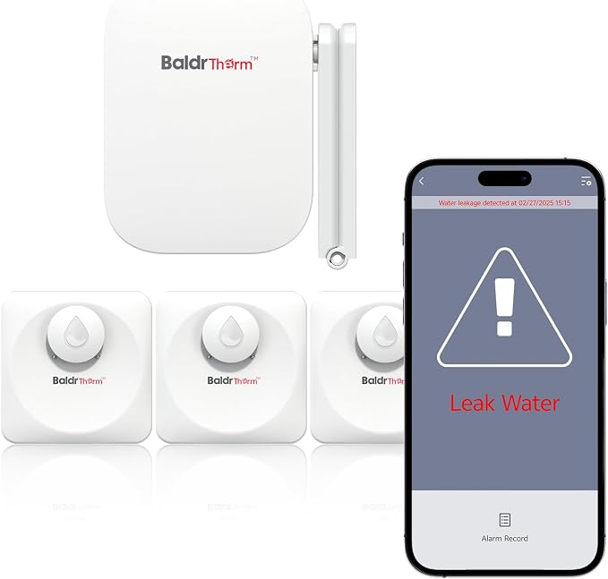 Baldr Smart Water Leak Detector Wireless Wi-Fi Water Sensor for Home with Real-time Email/APP Alerts, 100dB Local Alarm, Suitable for Kitchen, Basement, 3 Sensors