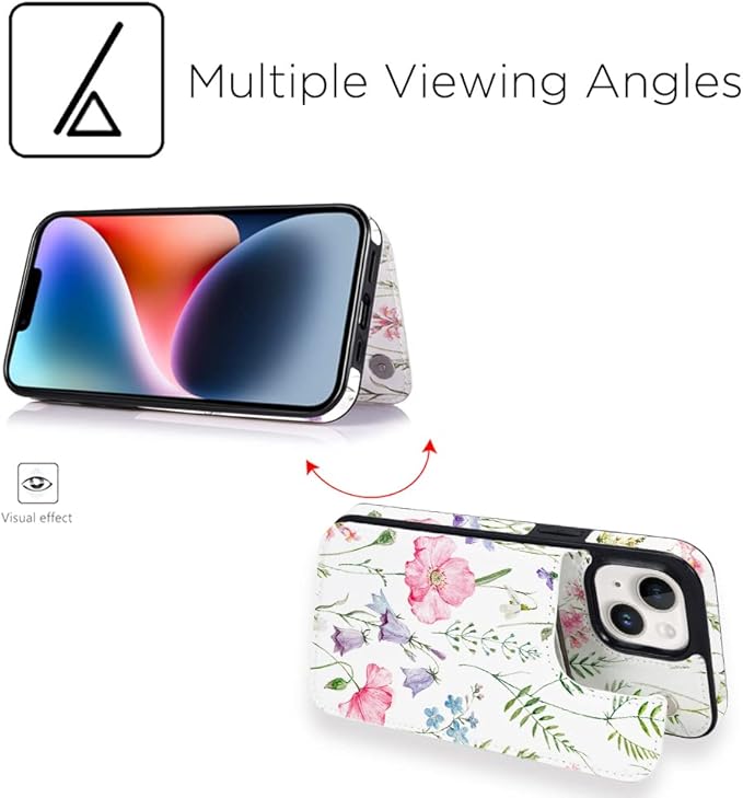 uCOLOR Compatible with iPhone 14/15 Plus 6.7" Wallet Case with Card Holder Slots Folio Flip PU Leather Kickstand Magnetic Clasp and RFID Blocking Cover (Pink Flowers)