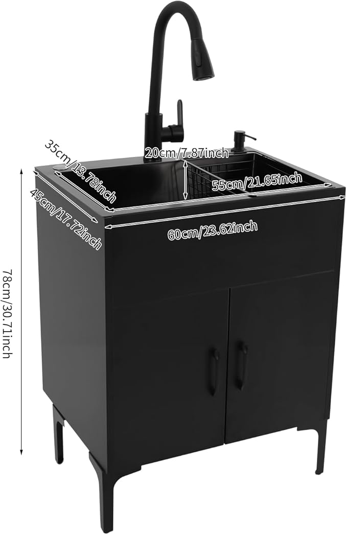 Laundry Sink Cabinet with Pull-Out Faucet, Stainless Steel Freestanding Utility Room Sink with Cabinet Utility Tub for Bathroom Laundry Room Kitchen (23.62x17.72in Black)