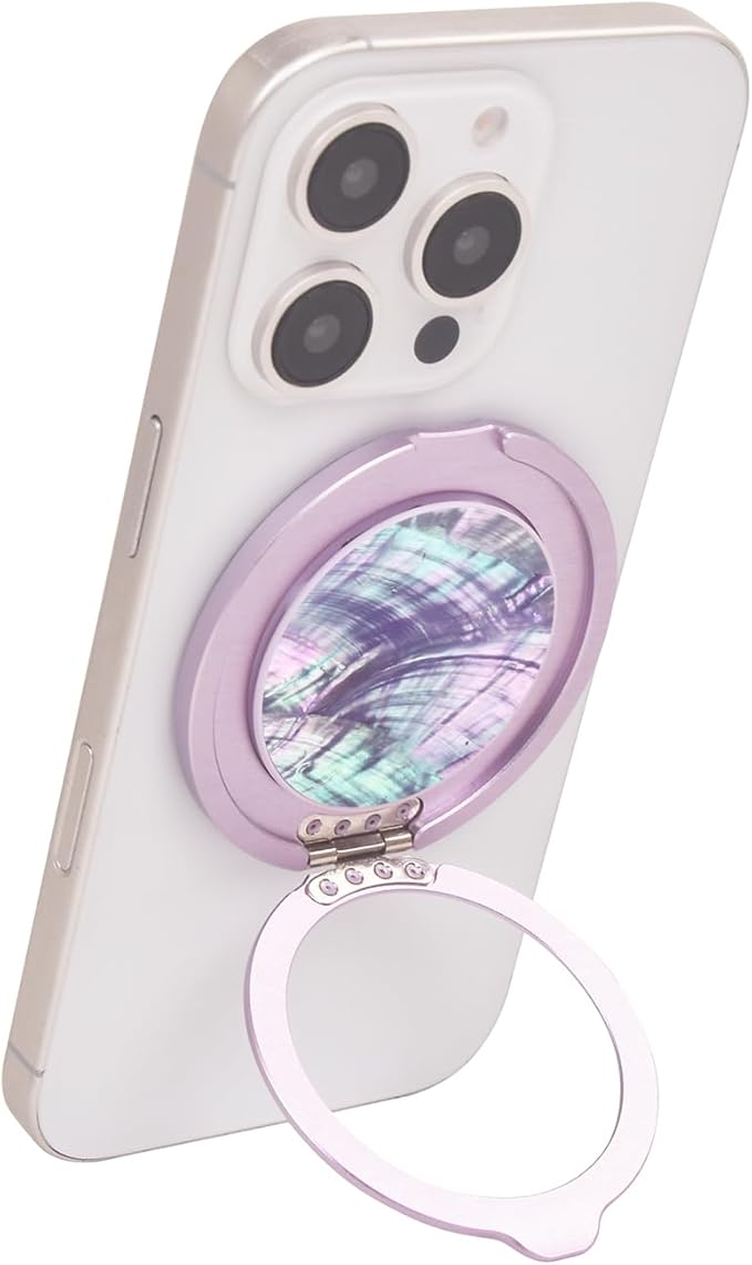 Cell Phone Ring Holder, Phone Grip, Magnetic Phone Ring Stand，Ultra Thin Phone Kickstand with Finger Loop Strap, Phone Ring Holder for Mag-Safe iPhone 16/15/14/13/12 Series (Purple Shell)