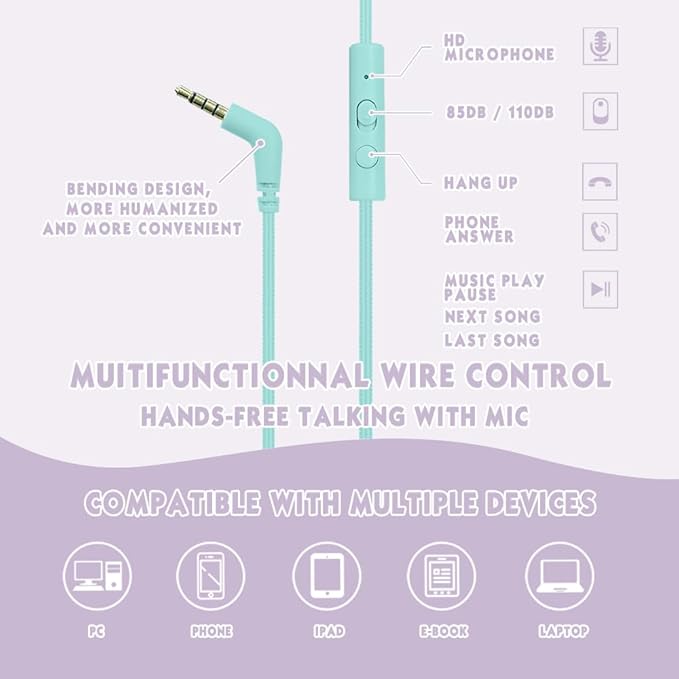 Headphone Kids Volume Limited 85/94dB Wired Over-Ear/On-Earr Foldable Headset with Inline Cable Aux 3.5mm Cord Mic for Toddler Boy Girl Child Back to School Pad Tablet Light Purple