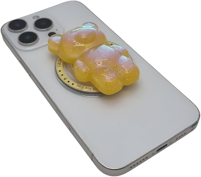Cute Kawaii 3D Bear Phone Grip Stand, Iridescent Holographic Resin Cell Phone Holder & Kickstand, Compatible with iPhone, Samsung Galaxy, Android (Honey Gold)