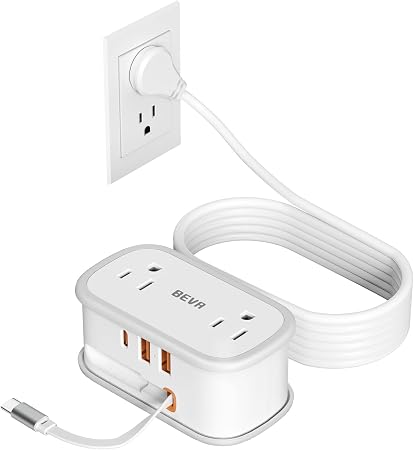 BEVA Travel Power Strip, 5FT Extension Cord, Retractable USB C Cable