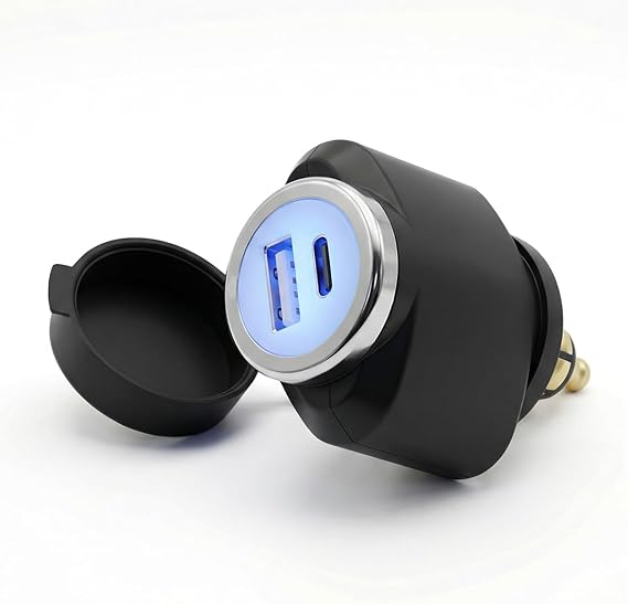 Cliff Top Motorcycle DIN Hella USB Charger 36W PD USB C and QC 3.0 Compatible with BMW Triumph Tiger Ducati Motorcycle (Mini)