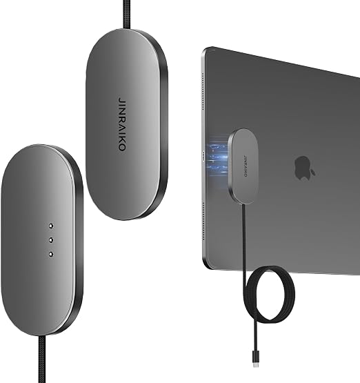 JINRAIKO Magnetic Wireless Charger for iPad (iPad Pro 11"/Air 10.9"/Air 11" M2/M3), 18W Fast Charging Smart Connector Charger, Aluminum Alloy Wireless Charging Pad with 6.56ft USB-C Cord Cable