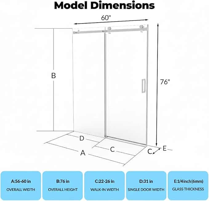 Glass Shower Door 56–60 Inch W x 76 Inch H, Frameless Sliding Shower Enclosure with Fixed Panel, 8mm Coated Tempered Safety Glass, Square Stainless Steel Rail, Brushed Nickel