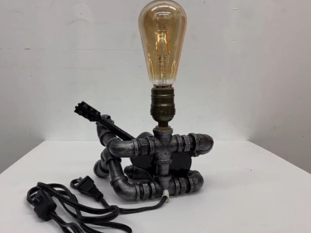 Steampunk Guitar Pipe Robot Table Lamp, Adjustable Industrial Water Pipe Desk Lamp with Wooden Guitar & Edison Bulb,Music Lovers, Bedside, Bar Cafe - Cool Unique Gifts