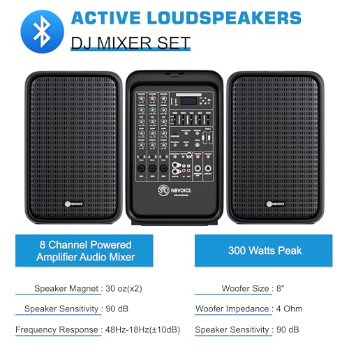 NBVOICE Professional Portable All-in-One Integrated 2-Way PA System Fixed Setup, Suitcase Design w/ 8-Channel Mixer, 2 Speaker Stands, Bluetooth, Mic for Performances, Presentations