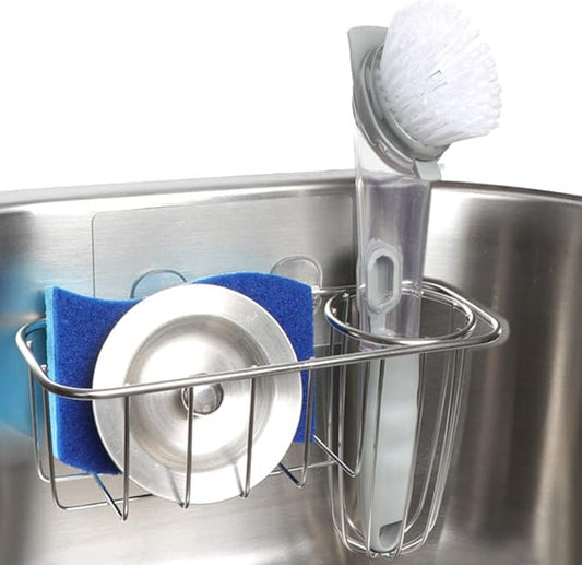 HULISEN 3-in-1 Sponge Holder for Kitchen Sink with Dish Brush Holder, Stainless Steel Caddy for Soap, Scrubber, No Drill and Rustproof, Silver