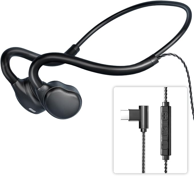 USB C Wired Headphones,Open Ear Headphones with Mic Air Conduction Wired Earbuds with Premium Sound Headset Perfect for with New iPhone 15 & 16, Samsung & Android Type C Phones- Black