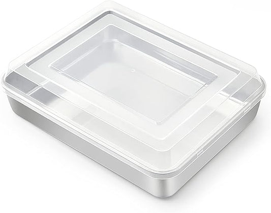 TeamFar Rectangular Cake Pan with Lid, 9.3’’ x 7’’ Stainless Steel Small Lasagna Baking Roasting Pan, Non-Toxic & Deep Side, Dishwasher Safe