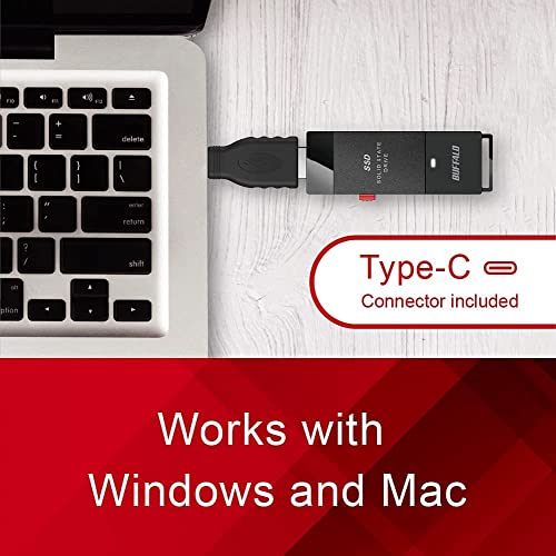 BUFFALO External SSD 1TB - Up to 600MB/s - USB-C - USB-A - USB 3.2 Gen 2 (Compatible with PS4 / PS5 / Windows/Mac) - External Solid State Drive Stick - ‎‎SSD-PUT1.0U3B
