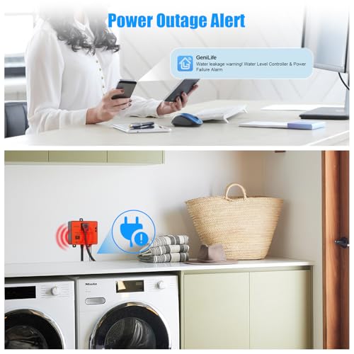 Ortis WiFi Power Failure & Water Leak Alarm, Real-Time Monitoring of Water Level, Temperature & Humidity, 110dB Siren with Flashing Light, APP Alerts, Ideal for Laundry Rooms & Basements