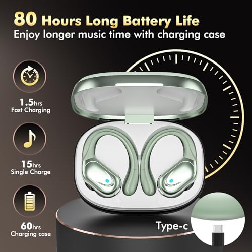 HAOYUYAN Wireless Earbuds, Sports Bluetooth Headphones, 80Hrs Playtime Ear Buds with LED Power Display, Noise Canceling Headset, IPX7 Waterproof Earphones for Workout/Running（Light Green）