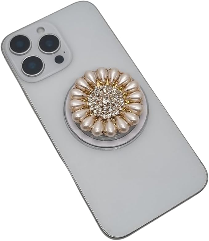 Magnetic Phone Grip Stand, Compatible with MagSafe, Adhesive Metal Ring Included for Non-MagSafe Cases, Expanding Holder and Kickstand, Pearl and Crystal Design (Golden Pearl Sunflower)