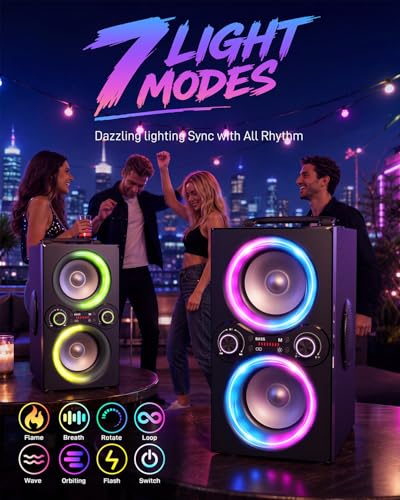TPyesss Party Loud Bluetooth Speaker: 80W Peak Powerful Bass, Long Playtime, Vibrant Lights, Portable Wireless Speakers with TWS Pairing, Large Subwoofer for Outdoor, Garage & Home
