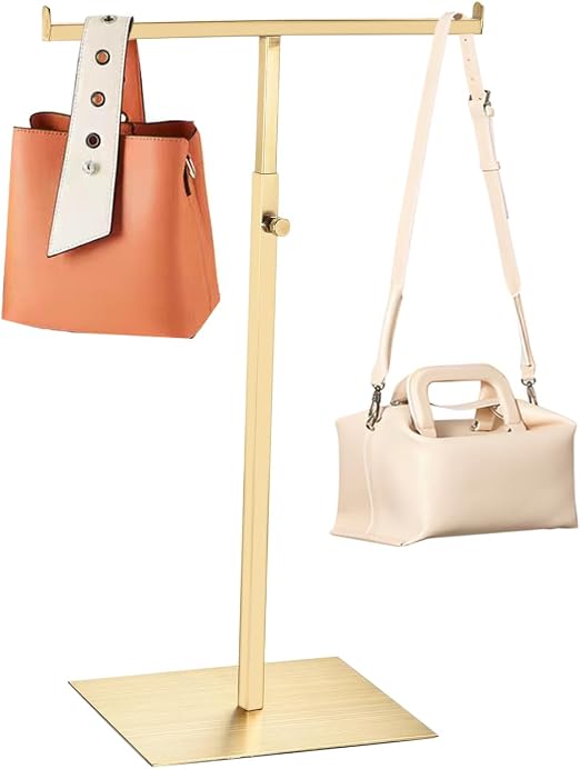 T Shaped Purse Display Stand Adjustable Height,Stainless Steel Countertop Jewelry/Scarf/Handbag Display Stand for Boutique Store,Gold