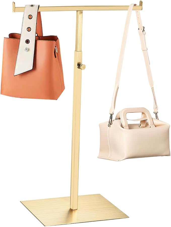 T Shaped Purse Display Stand Adjustable Height,Stainless Steel Countertop Jewelry/Scarf/Handbag Display Stand for Boutique Store,Gold