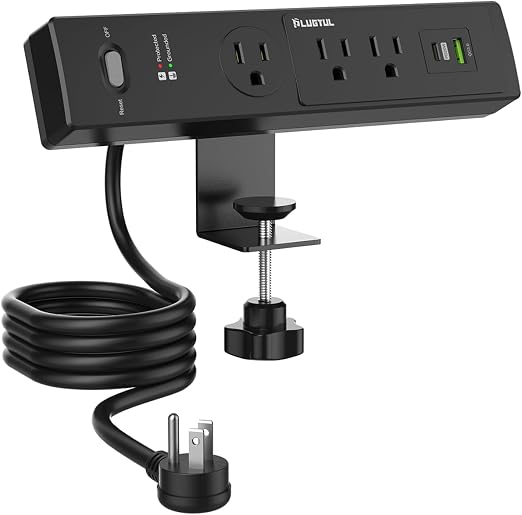 PLUGTUL Desk Clamp Power Strip 6FT, Outlet Station with 3 Outlets, PD 20W Fast Charging, Flat Plug, 14 Gauge, 980J Surge Protector, Black Power Strip with USB C, Fit 1.72" Tabletop Edge