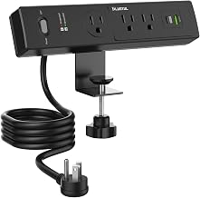 PLUGTUL Desk Clamp Power Strip 6FT, Outlet Station with 3 Outlets, PD 20W Fast Charging, Flat Plug, 14 Gauge, 980J Surge Protector, Black Power Strip with USB C, Fit 1.72" Tabletop Edge - Image 1