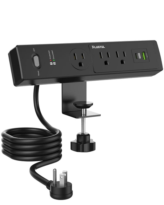 PLUGTUL Desk Clamp Power Strip 6FT, Outlet Station with 3 Outlets, PD 20W Fast Charging, Flat Plug, 14 Gauge, 980J Surge Protector, Black Power Strip with USB C, Fit 1.72" Tabletop Edge
