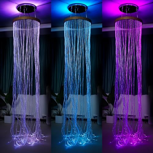 Round Fiber Optic Curtain Rings with Wooden Base, Multi-Color Changing Waterfall Lamp Perfect for Home Decor, School, Clinic and Dark Sensory Room - Ideal for Kids