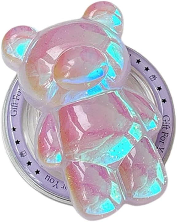 Cute Kawaii 3D Bear Phone Grip Stand, Iridescent Holographic Resin Cell Phone Holder & Kickstand, Compatible with iPhone, Samsung Galaxy, Android (Lilac Opal)