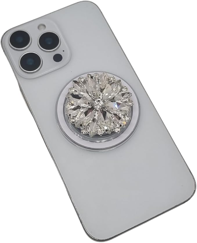 Magnetic Phone Grip Stand, Compatible with MagSafe, Adhesive Metal Ring Included for Non-MagSafe Cases, Expanding Holder and Kickstand, Pearl and Crystal Design (Stellar Diamond Burst)